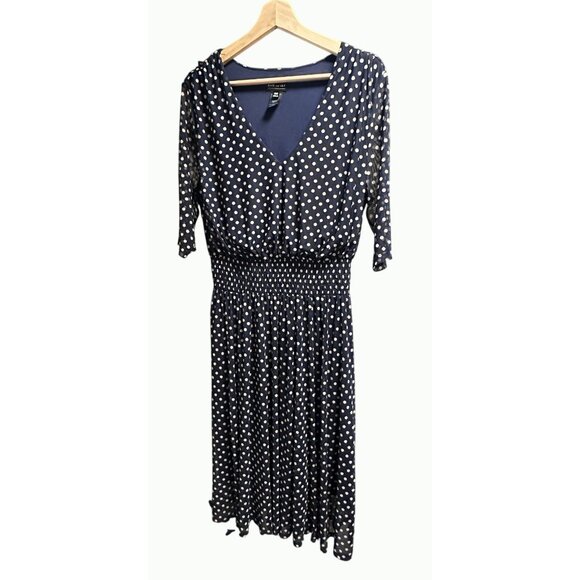 Kate & Lily Blue White Polka Dot V-Neck Midi Dress Elbow-Length Sleeves Size 16 - Picture 4 of 15